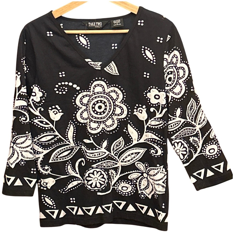 Vintage Take Two Clothing Co V-Neck Top Boho Artsy Woodblock Print Floral S